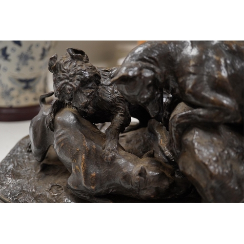 1681 - After Pierre Jules Mene (1810-1871) a bronze group La Chasse au Lapin, 37cm wide. Condition- fair ... 