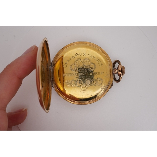 1905 - An engine turned gilt metal IWC open faced keyless dress pocket watch, with Arabic dial and subsidia... 