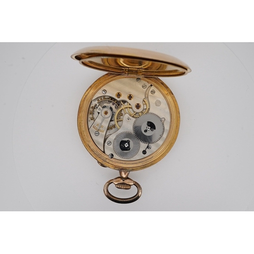 1905 - An engine turned gilt metal IWC open faced keyless dress pocket watch, with Arabic dial and subsidia... 