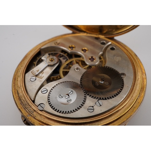 1905 - An engine turned gilt metal IWC open faced keyless dress pocket watch, with Arabic dial and subsidia... 