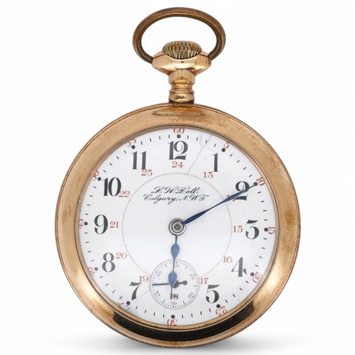 1906 - An American gold plated L.H. Doll, Calgery, N.W.J. open faced keyless pocket watch, with Arabic dial... 