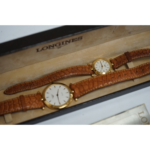 1907 - A lady's and gentleman's recent steel and gold plated Longines for Mercedes Benz quartz wrist watche... 