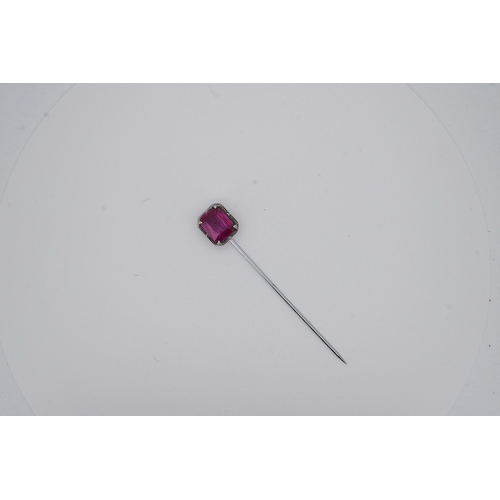 1926 - A North American? 10k white metal and single stone emerald cut synthetic ruby set stick pin, 55mm, g... 