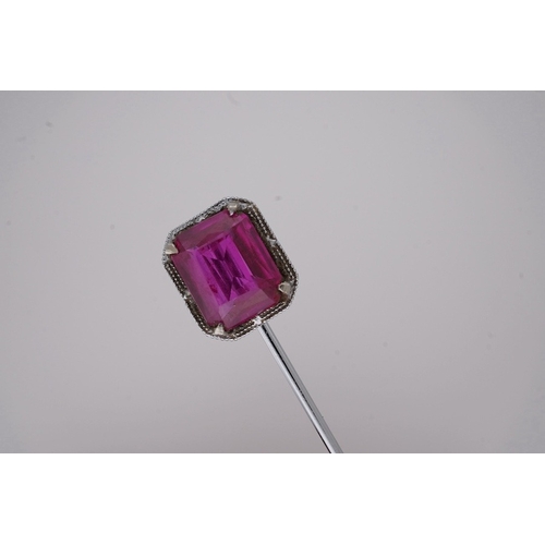 1926 - A North American? 10k white metal and single stone emerald cut synthetic ruby set stick pin, 55mm, g... 