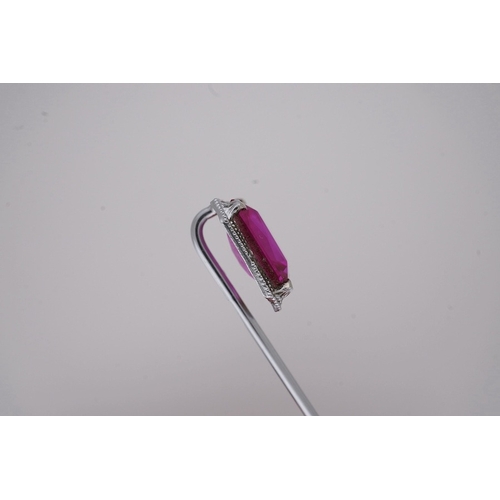 1926 - A North American? 10k white metal and single stone emerald cut synthetic ruby set stick pin, 55mm, g... 