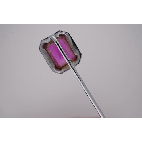 1926 - A North American? 10k white metal and single stone emerald cut synthetic ruby set stick pin, 55mm, g... 