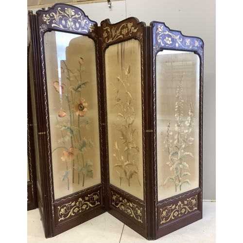 1 - An Art Nouveau mother of pearl inlaid five fold screen, inset silk thread embroidered panels, larges... 