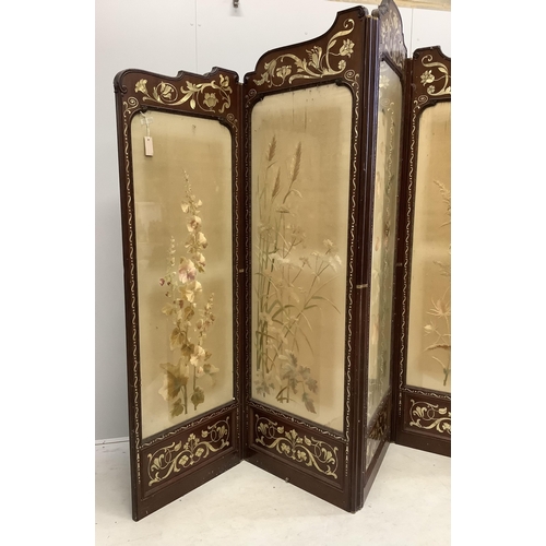 1 - An Art Nouveau mother of pearl inlaid five fold screen, inset silk thread embroidered panels, larges... 