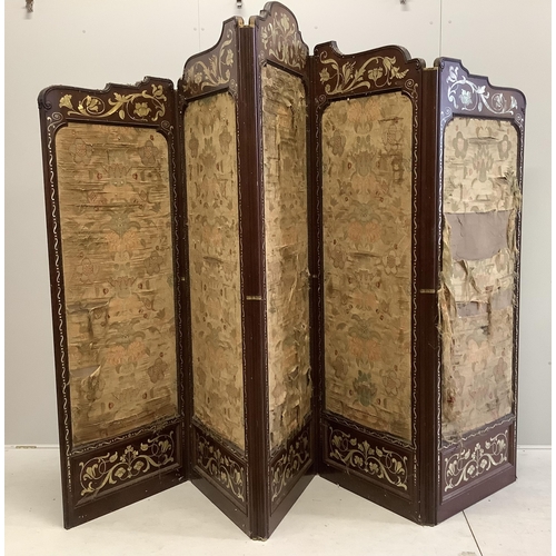 1 - An Art Nouveau mother of pearl inlaid five fold screen, inset silk thread embroidered panels, larges... 