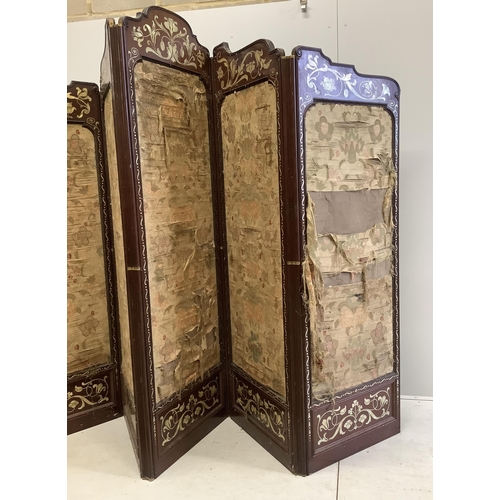 1 - An Art Nouveau mother of pearl inlaid five fold screen, inset silk thread embroidered panels, larges... 