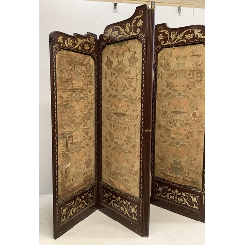 1 - An Art Nouveau mother of pearl inlaid five fold screen, inset silk thread embroidered panels, larges... 