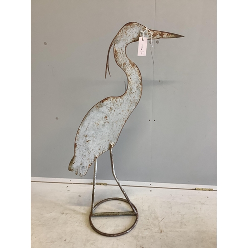 13 - A painted wrought iron heron garden ornament, height 98cm, a metal bird ornament and a stag's head b... 