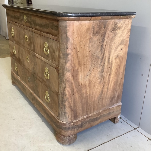 14 - A 19th century French faded mahogany marble topped four drawer commode, width 130cm, depth 59cm, hei... 