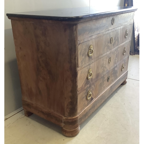 14 - A 19th century French faded mahogany marble topped four drawer commode, width 130cm, depth 59cm, hei... 