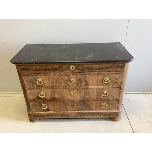 14 - A 19th century French faded mahogany marble topped four drawer commode, width 130cm, depth 59cm, hei... 