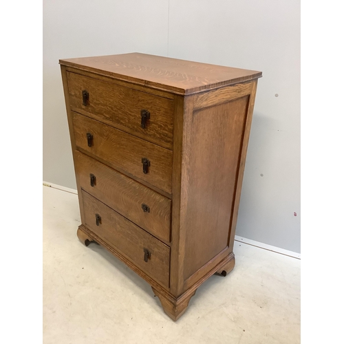 22 - An early 20th century oak chest of four drawers, width 76cm, depth 46cm, height 104cm. Condition - g... 