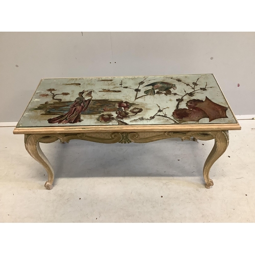 37 - An 18th century style coffee table with reverse decorated chinoiserie top, width 93cm, depth 42cm, h... 