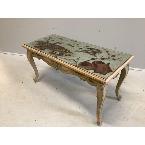 37 - An 18th century style coffee table with reverse decorated chinoiserie top, width 93cm, depth 42cm, h... 