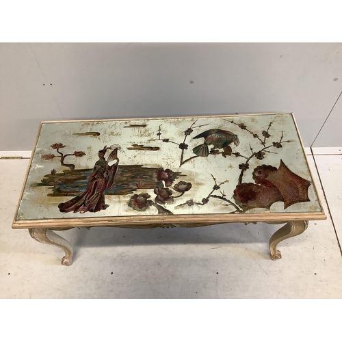 37 - An 18th century style coffee table with reverse decorated chinoiserie top, width 93cm, depth 42cm, h... 