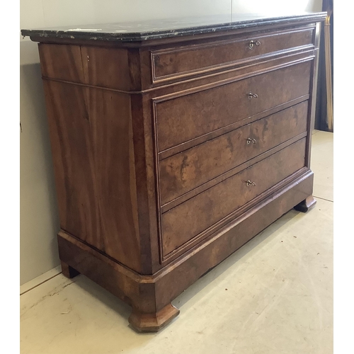 38 - A 19th century French burr walnut marble top four drawer commode, width 127cm, depth 55cm, height 99... 