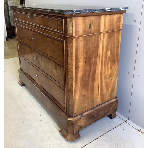 38 - A 19th century French burr walnut marble top four drawer commode, width 127cm, depth 55cm, height 99... 