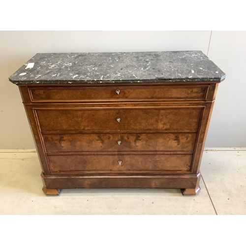 38 - A 19th century French burr walnut marble top four drawer commode, width 127cm, depth 55cm, height 99... 