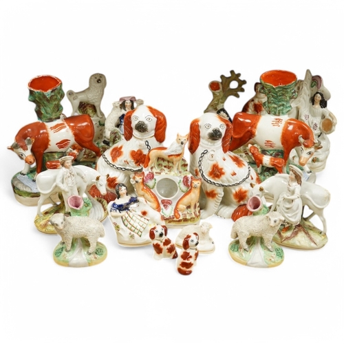 396 - Seventeen various animal related Staffordshire figures, tallest 27cm. Condition - varies