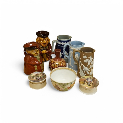 397 - Sundry ceramics to include; Two Prattware pot lids and bases, two Toby jugs, Copeland Spode jug and ... 