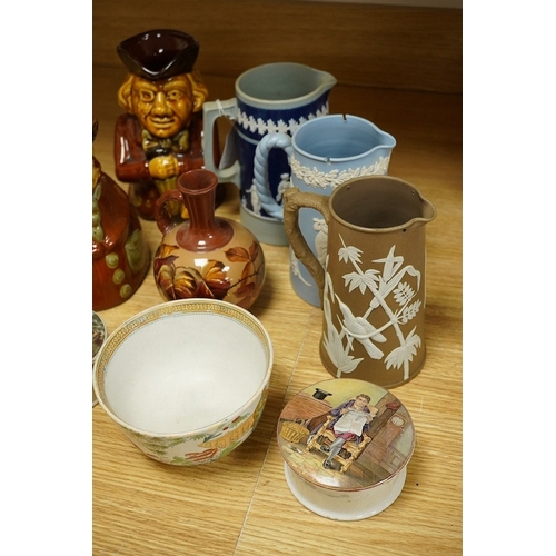 397 - Sundry ceramics to include; Two Prattware pot lids and bases, two Toby jugs, Copeland Spode jug and ... 