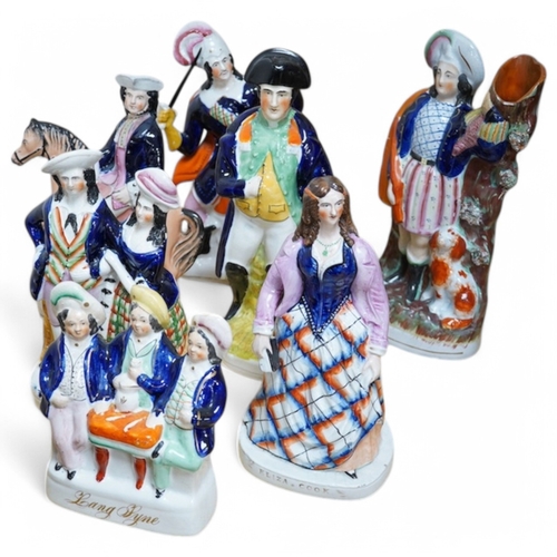 399 - Seven Staffordshire flatback figures to include Eliza Cook and T. King, 31cm high. Condition - some ... 