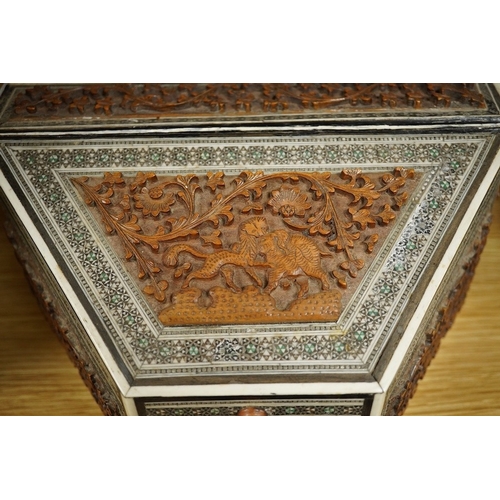 402 - An Anglo-Indian Vizagapatam sandalwood and bone stationery box of tapered form, 23cm wide. Condition... 