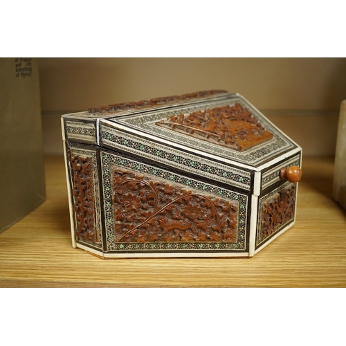 402 - An Anglo-Indian Vizagapatam sandalwood and bone stationery box of tapered form, 23cm wide. Condition... 