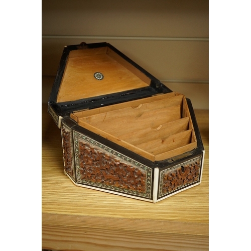 402 - An Anglo-Indian Vizagapatam sandalwood and bone stationery box of tapered form, 23cm wide. Condition... 