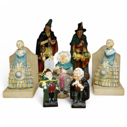 403 - Two Royal Doulton figures comprising; The Mask Seller and Pied Piper together with three other figur... 