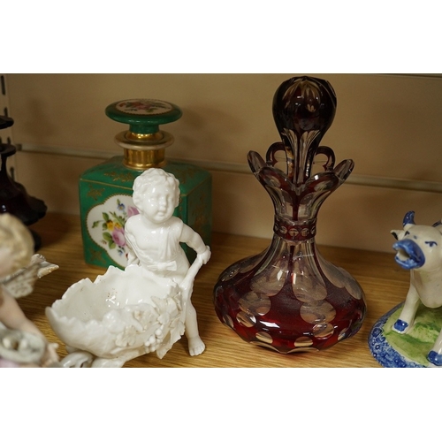 405 - Sundry china and glass to include a red flashed glass scent bottle, a green glazed porcelain example... 