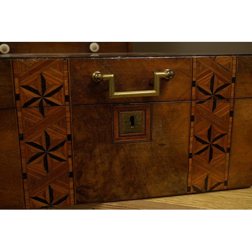 406 - A small 19th century mahogany chest of three drawers having bone handles, width 26cm, height 26cm an... 