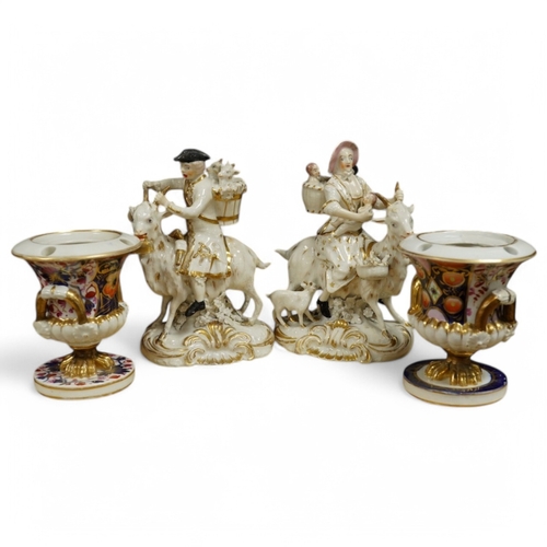 407 - A pair of Bloor Derby white and gilt porcelain figures, Tailor and his Wife, together with a pair of... 