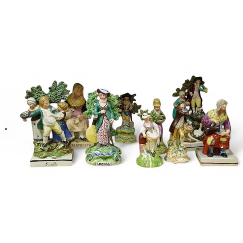 409 - A group of nine Staffordshire pearlware figures and figure groups to include Scuffle and Dolly Pentr... 