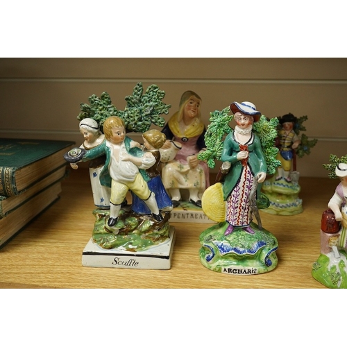 409 - A group of nine Staffordshire pearlware figures and figure groups to include Scuffle and Dolly Pentr... 