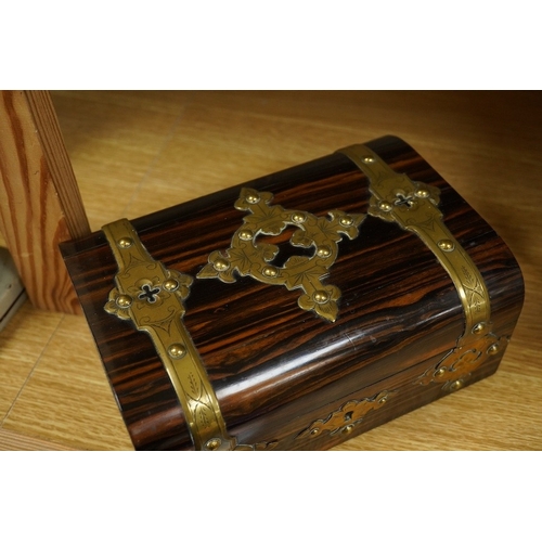 410 - A Victorian coromandel jewellery box with engraved "Gothic" strapwork, width 20cm. Conditi... 