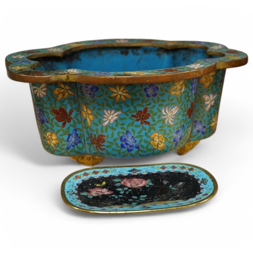 412 - A late 19th century Chinese floral decorated cloisonné enamel quatrefoil shaped bowl on four feet an... 