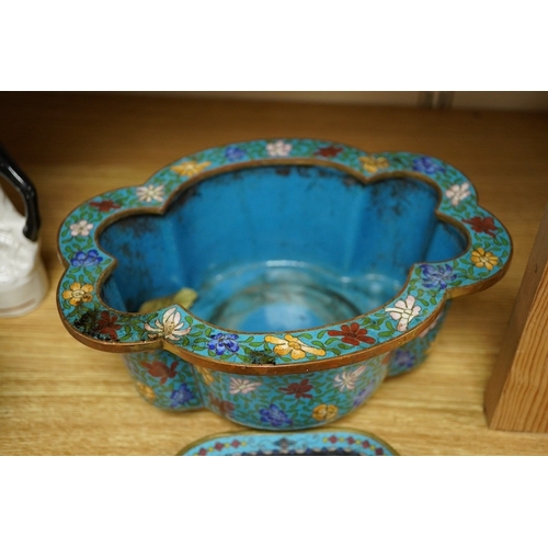 412 - A late 19th century Chinese floral decorated cloisonné enamel quatrefoil shaped bowl on four feet an... 