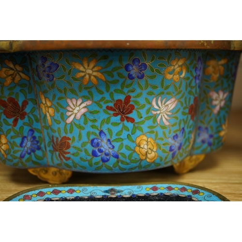 412 - A late 19th century Chinese floral decorated cloisonné enamel quatrefoil shaped bowl on four feet an... 