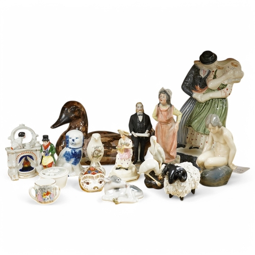 414 - A Royal Copenhagen figure, model number 4027 and other sundry items to include duck tureen and figur... 