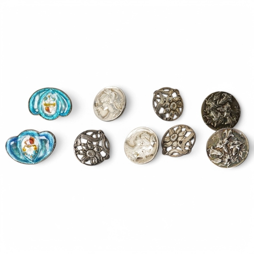 443 - A pair of Art Nouveau enamelled white metal buttons, 33mm, a set of 3 cast silver flower buttons, H.... 