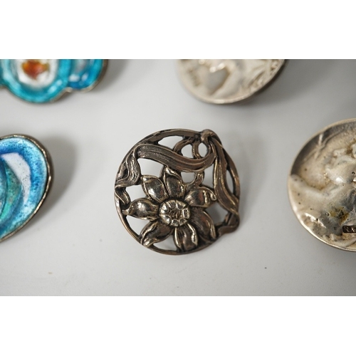 443 - A pair of Art Nouveau enamelled white metal buttons, 33mm, a set of 3 cast silver flower buttons, H.... 