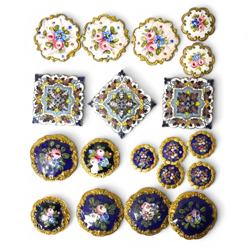 446 - A group of nineteen, 19th century French enamelled gilt metal buttons, largest 29mm; Condition - goo... 