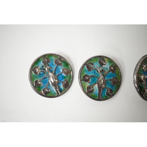 447 - A set of 4 Liberty & Co Cymric enamelled silver buttons, decorated with peacocks, Birmingham 1901, 2... 