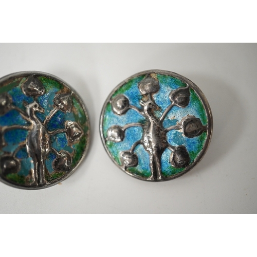 447 - A set of 4 Liberty & Co Cymric enamelled silver buttons, decorated with peacocks, Birmingham 1901, 2... 