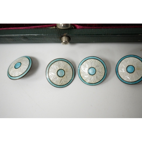 449 - An Edwardian set of 6 blue and white enamelled buttons, marked Sterling, 10mm and a cased set of 5 (... 